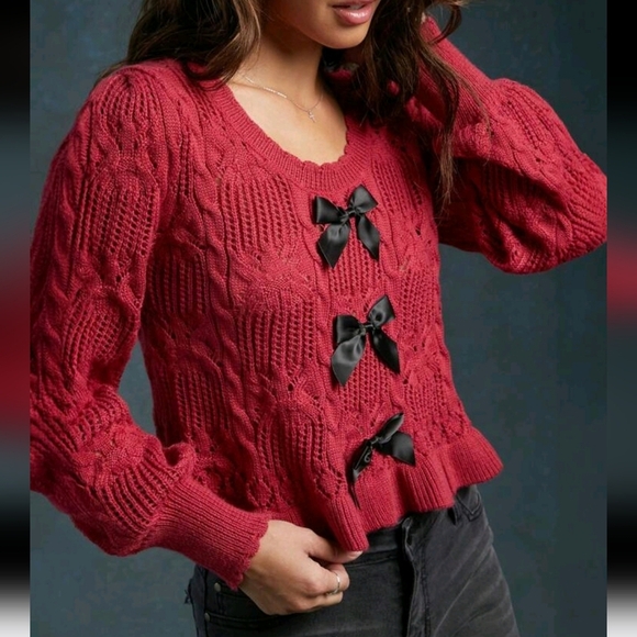 Coquette Bow Front Cute Ruffle Hem Sweater - Picture 1 of 4
